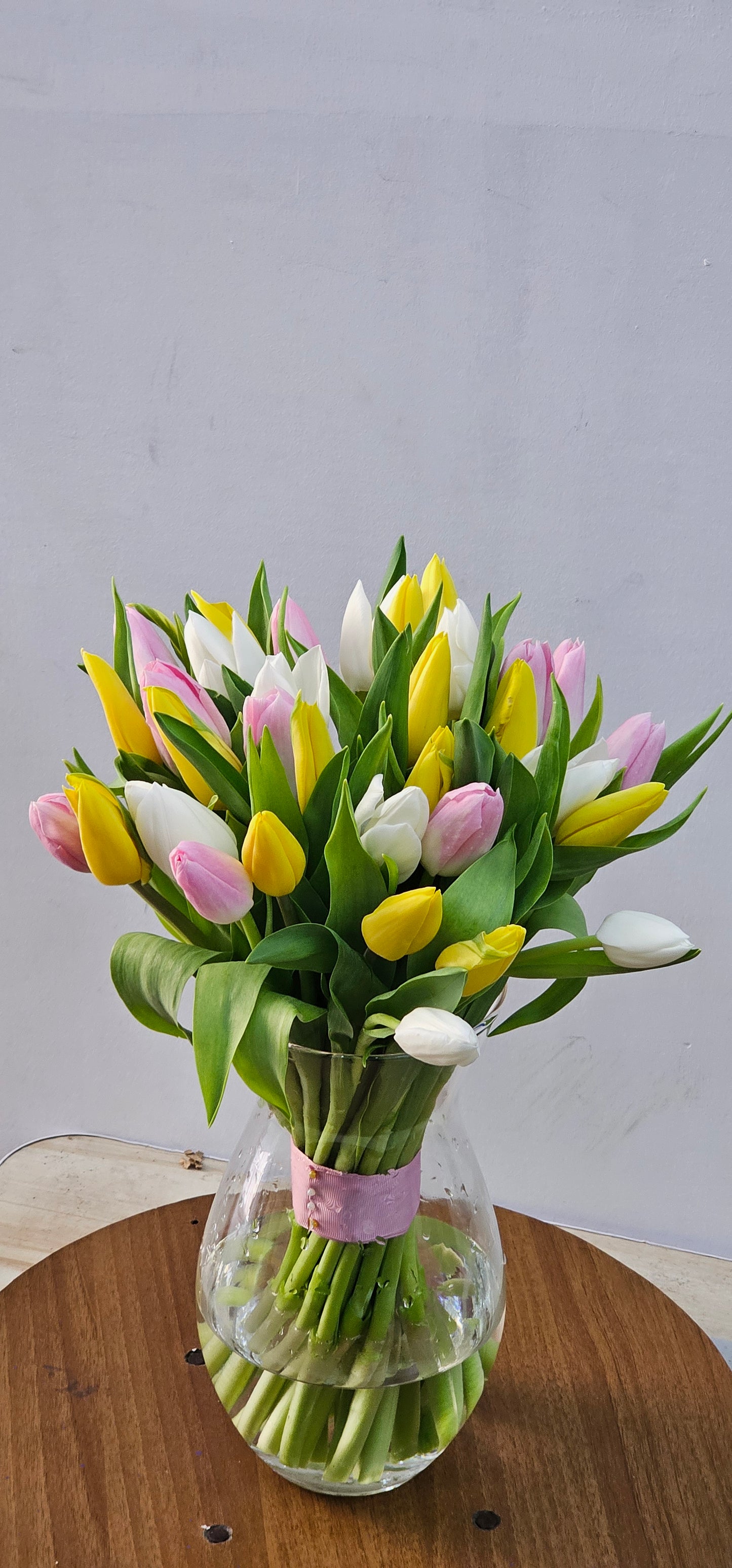 40 tulips with glasse vase